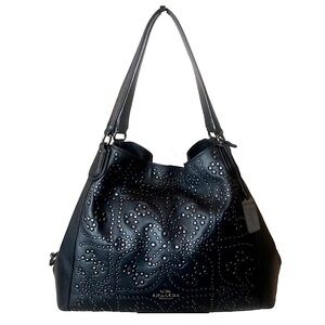 COACH EDIE Black Leather Studded 3•Section Shoulder Bag w Turn Lock Closure NWOT